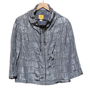 Ruby Rd. Womens Textured 3/4 Sleeve Full Zip Jacket Size 16 Silver Pockets